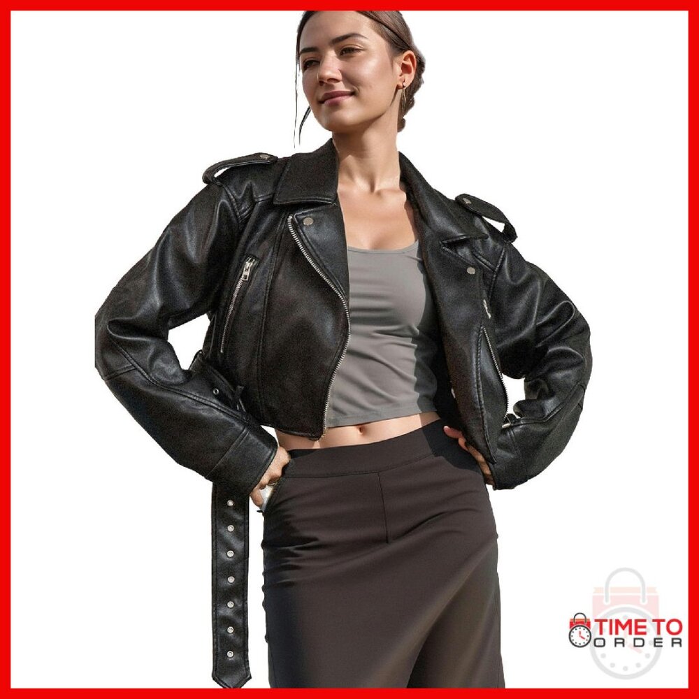 Faux Leather Cropped Moto Jacket With Removable Belt, X-Small